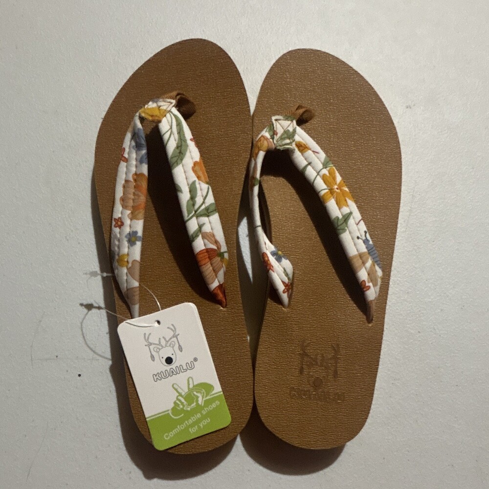 KUAILU Women's Floral Flip Flop Sandals Slip On Brown/White US 7.5